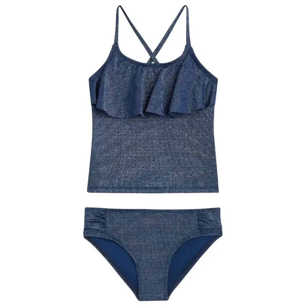 Sparkle Solid Flounce Tankini (Girls 14)